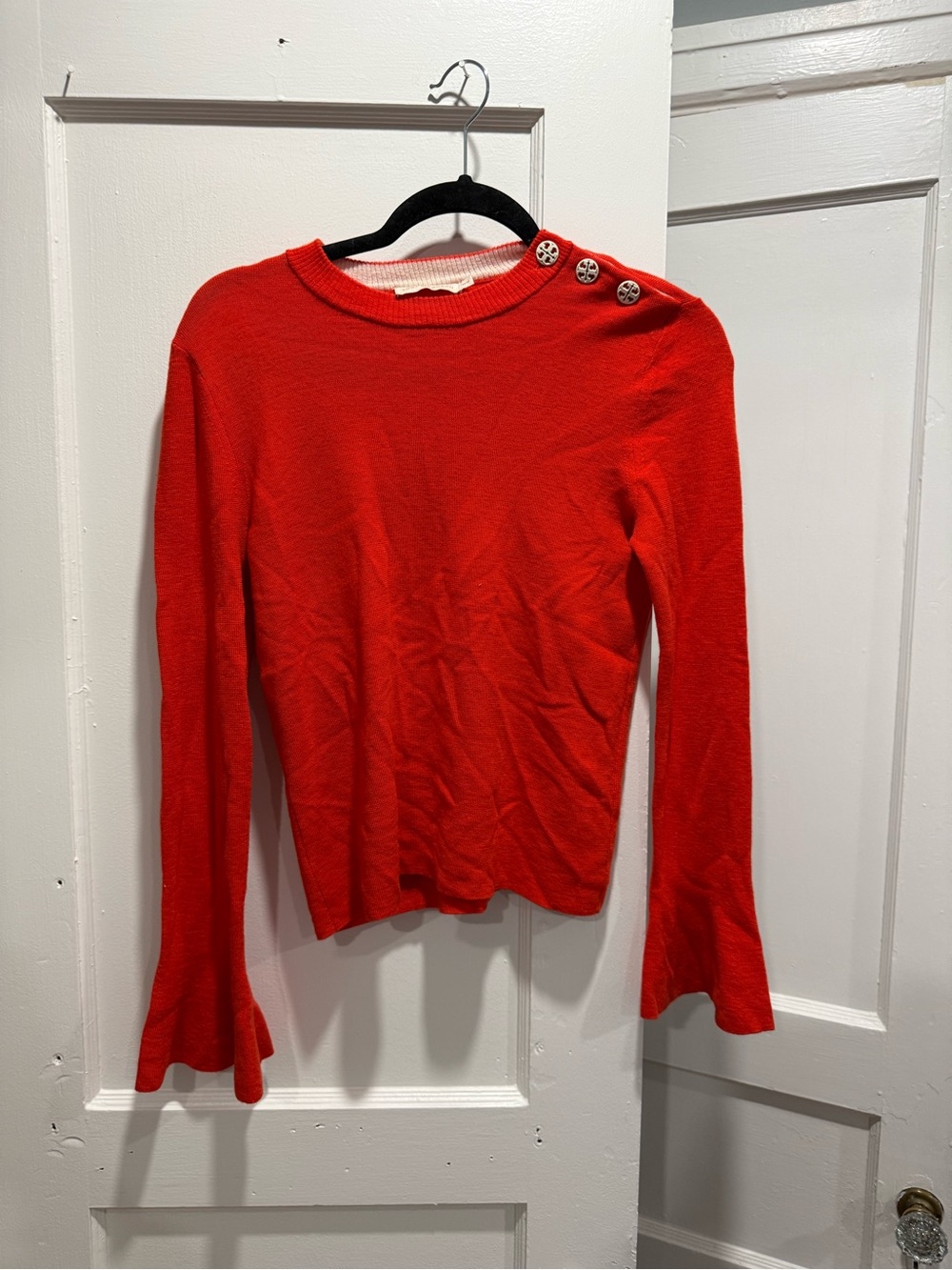 Tory Burch Red Button-Shoulder Long Sleeve sweater